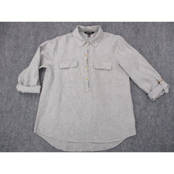 Ellen Tracy Shirt Womens Large Gray Pinstripe Linen Popover Roll Tab Coastal - Picture 1 of 16